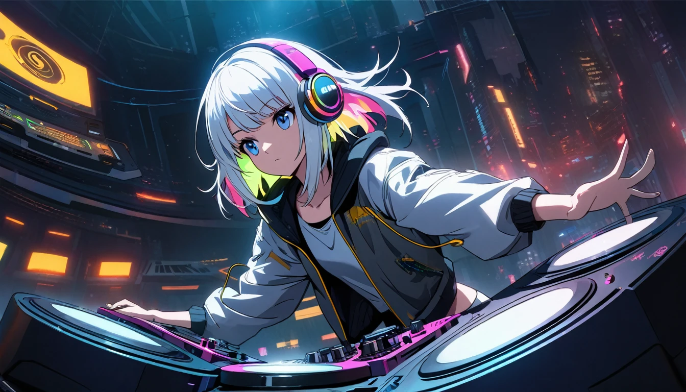 Handsome cute, Solitary, 1 female, Medium Length Hair, white hair, Rainbow hair, blue Eyes, Rainbow headphone, hip-hop stile, Futuristic, Cyberpunk, Cybernetics panoramic, in the night, looking away, Dj, turn the turntable,