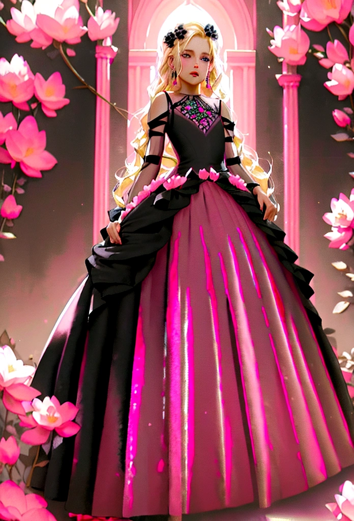 Arafed, a picture of a female angel in high society prom event, divine beautiful feminine angel, (blond hair: 1.4), long hair, flowing hair, the hair glows in a soft light, cerulean eyes, deep light eyes, divine feminine face, she wears a ((pink and black evening dress: 1.5)), elegant, intricate detailed dress, silk dress, small cleavage, ((dress is decorated with pink flowers: 1.4)), she wears elegant knee high heeled boots, exquisite knee high heeled boots, she stands on the porch of a fantasy castle, dynamic angle, soft torch light, (Masterpiece: 1.5), 16k, highres, best quality, high details, ultra detailed, masterpiece, best quality, (extremely detailed), AngelStyle, GlowingRunesAI_paleblue, angel_wings, Angel, flower dress