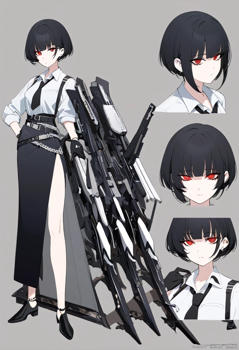 One woman,Dynamic,whole body,Are standing,mysterious,Concept Art,Character Design,Jet black straight hair,The bangs are trimmed to accentuate the eyes.,Short Hair,Well-proportioned face,Sharp Eyes,White shirt and black tie,Black slacks,Silver cufflinks on the left hand,On the ring finger of her right hand she wears a simple silver ring.。Luxury watches,Black leather shoes,beltでウエストラインを強調,Arknights Wind,Stylish,Red eyes,belt,Stylishな赤い模様の上着,Stylish,Simple background gray,Details,Okabo Hair,Half-open eyes,Cool appearance,Multiple Views,Black gloves,