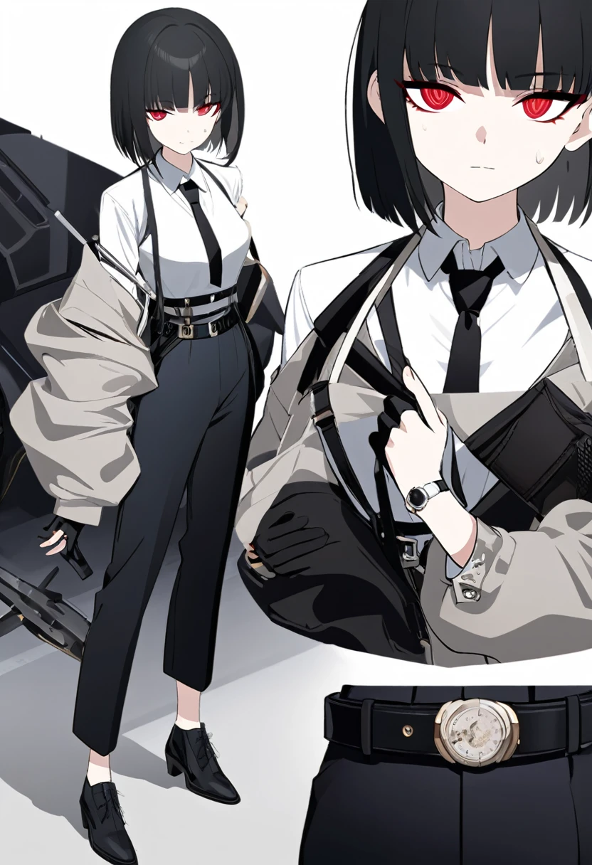 One woman,Dynamic,whole body,Are standing,mysterious,Concept Art,Character Design,Jet black straight hair,The bangs are trimmed to accentuate the eyes.,Short Hair,Well-proportioned face,Sharp Eyes,White shirt and black tie,Black slacks,Silver cufflinks on the left hand,On the ring finger of her right hand she wears a simple silver ring.。Luxury watches,Black leather shoes,beltでウエストラインを強調,Arknights Wind,Stylish,Red eyes,belt,Stylishな赤い模様の上着,Stylish,Simple background gray,Details,Okabo Hair,Half-open eyes,Cool appearance,Multiple Views,Black gloves,