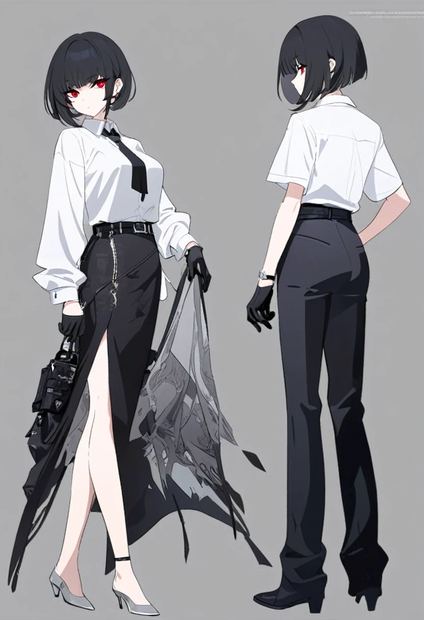 One woman,Dynamic,whole body,Are standing,mysterious,Concept Art,Character Design,Jet black straight hair,The bangs are trimmed to accentuate the eyes.,Short Hair,Well-proportioned face,Sharp Eyes,White shirt and black tie,Black slacks,Silver cufflinks on the left hand,On the ring finger of her right hand she wears a simple silver ring.。Luxury watches,Black leather shoes,beltでウエストラインを強調,Arknights Wind,Stylish,Red eyes,belt,Stylishな赤い模様の上着,Stylish,Simple background gray,Details,Okabo Hair,Half-open eyes,Cool appearance,Multiple Views,Black gloves,