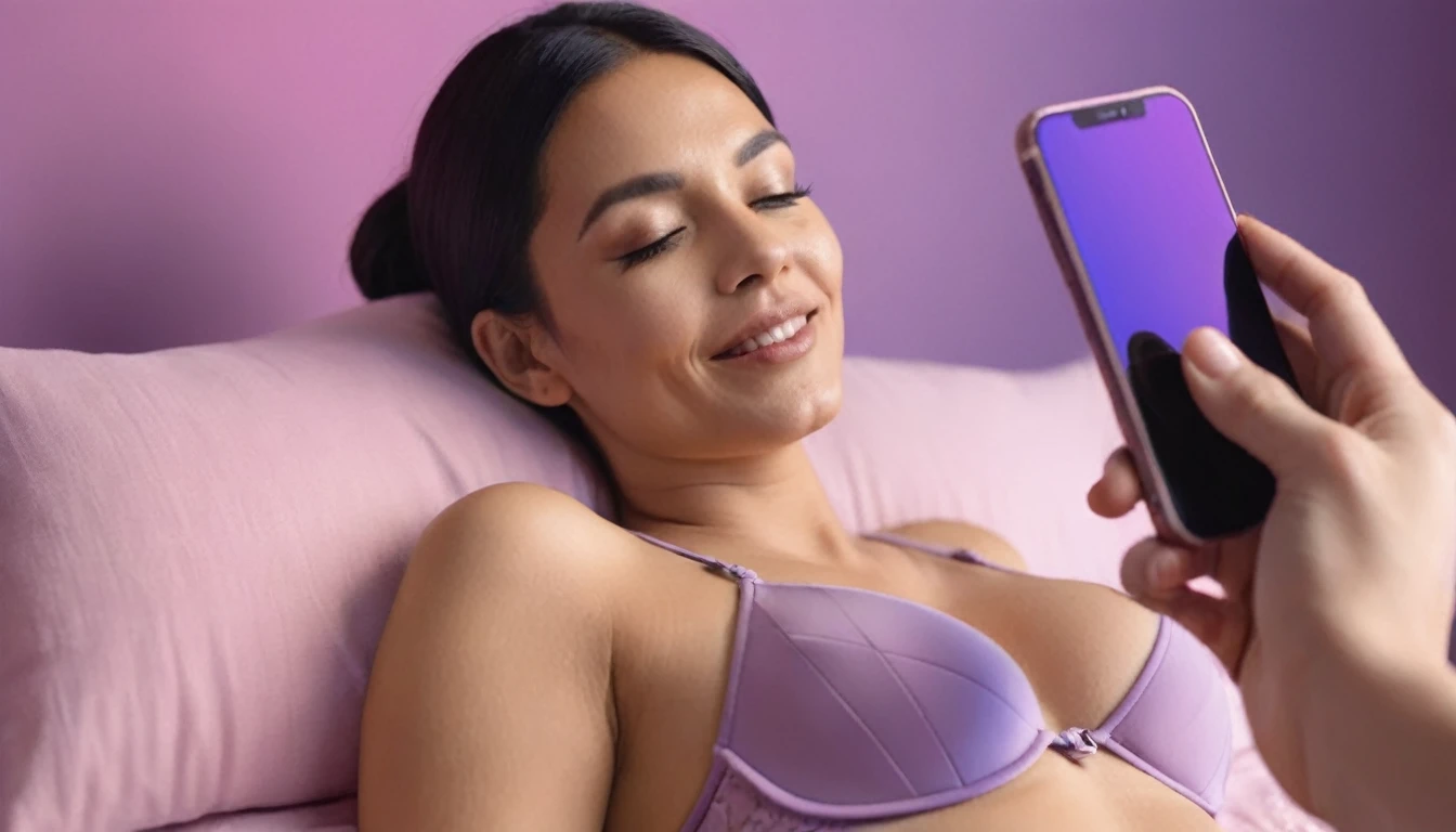 woman wearing bra doing erotic massage to a man on a bed using, she is watching smartphone, while she doing massage she use smartphone, smartphone in her hand, sensually, orgasm, mans mouth flirtingly smiling, liquid drops, skin, closeup, clear faces, macro shoots, minimalistic, in a light purple and pink style, with soft edges and blurred details, with a 3D render, on a colorful background, with a minimalist stage design, in a surreal style, with a cinema4D rendering, with a minimalist style, with low saturation, using gradient colors, with a cinema4D rendering, with a blender rendering, with super detail, at a super high resolution, at a super high definition, 4K