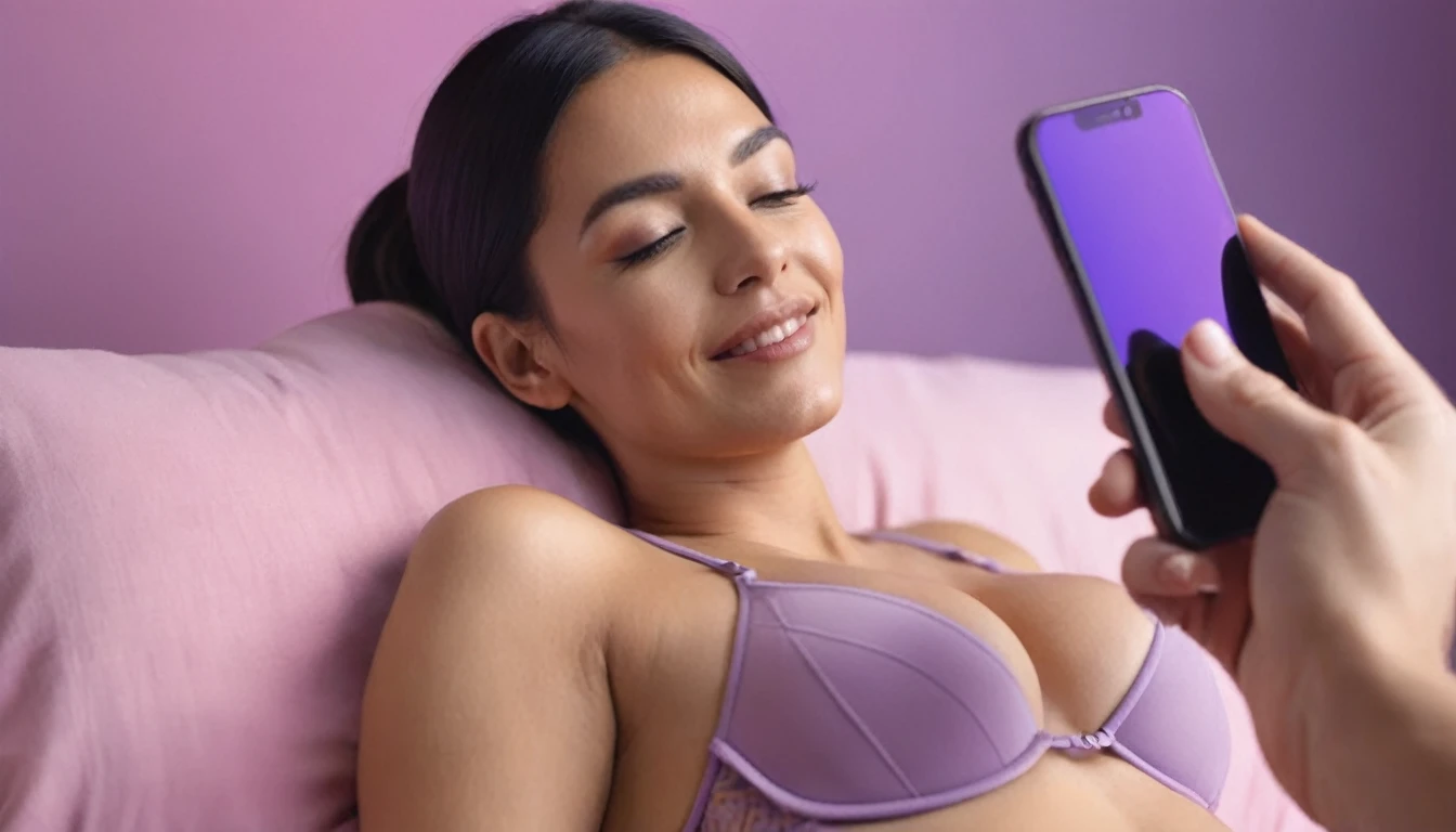 woman wearing bra doing erotic massage to a man on a bed using, she is watching smartphone, while she doing massage she use smartphone, smartphone in her hand, sensually, orgasm, mans mouth flirtingly smiling, liquid drops, skin, closeup, clear faces, macro shoots, minimalistic, in a light purple and pink style, with soft edges and blurred details, with a 3D render, on a colorful background, with a minimalist stage design, in a surreal style, with a cinema4D rendering, with a minimalist style, with low saturation, using gradient colors, with a cinema4D rendering, with a blender rendering, with super detail, at a super high resolution, at a super high definition, 4K