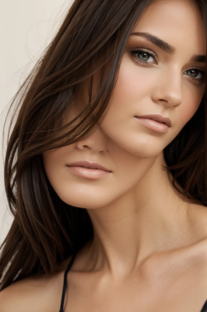 (one-1-person:1.2), beautiful French lady, brunette, no smile, dark makeup, hyperdetailed photography, soft light, head and shoulders portrait, cover, natural skin tone, skin detail, facing head full towards camera, looking direct at camera, soulful gaze, head shot, head position straight