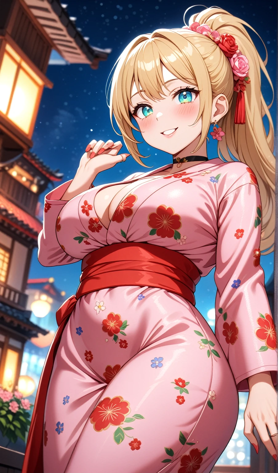 ((One personの女性)), Beautiful Face, Laughing embarrassedly,((Wink:2.0)),Laugh with your mouth wide open,((Red cheeks:1.4)),Glossy pink lips,night,rooftop,Festive decorations,You can see the ocean, firework,((Anime style background)),masterpiece, Highest quality, so beautiful, Latest, Complex details, (Pink long nails),(ring),(flower bracelet),Floral choker,AI-generated, Complex,High resolution, Highest quality, super high quality,3D Images、View your viewers、3D Images,One person,Long blonde hair,High Ponytail,Turquoise Eyes,Anime woman posing for a photo, (Fine grain,Colorful eyes,Shining Eyes:1.3),(Squint your eyes:1.1),a hyperRealistic , hyperRealistic , Realistic,Blonde anime woman with long hair, Smooth anime CG art, A woman in a colorful kimono with gold embroidery, (Pink long sleeve kimono),Red floral pattern,Long flower hair ornament,Large floral earrings,(ring),(Big Breasts:1.2),Mature Body,Tall,Big Ass,Narrow waist,Abdominal muscles,(Zoom in on face:1.8),Shooting from below at an angle