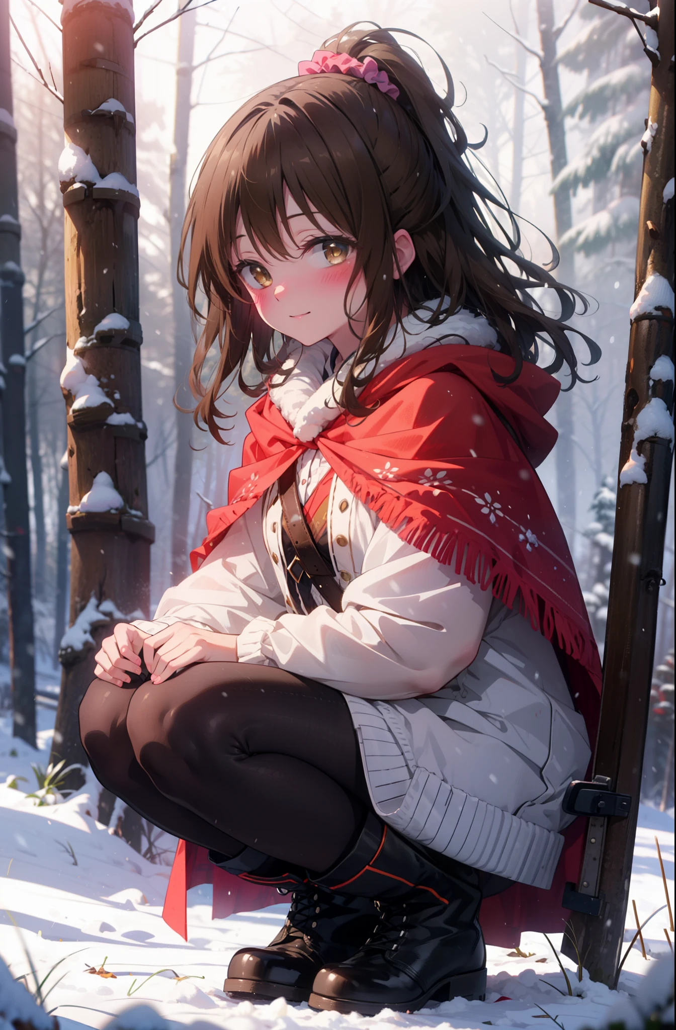 Follow Us, Yuki mandarin orange, (Brown eyes:1.5), Brown Hair, hair ornaments, hair Scrunchie, Long Hair, pink Scrunchie, Scrunchie, (Flat Chest:1.2),smile,,smile,blush,White Breath,
Open your mouth,snow,Ground bonfire, Outdoor, boots, snowing, From the side, wood, suitcase, Cape, Blurred, , forest, White handbag, nature, Squat, Mouth closed, Cape, winter, Written boundary depth, Black shoes, red Cape break looking at viewer, Upper Body, whole body, break Outdoor, forest, nature, break (masterpiece:1.2), Highest quality, High resolution, unity 8k wallpaper, (shape:0.8), (Beautiful and beautiful eyes:1.6), Highly detailed face, Perfect lighting, Extremely detailed CG, (Perfect hands, Perfect Anatomy),
