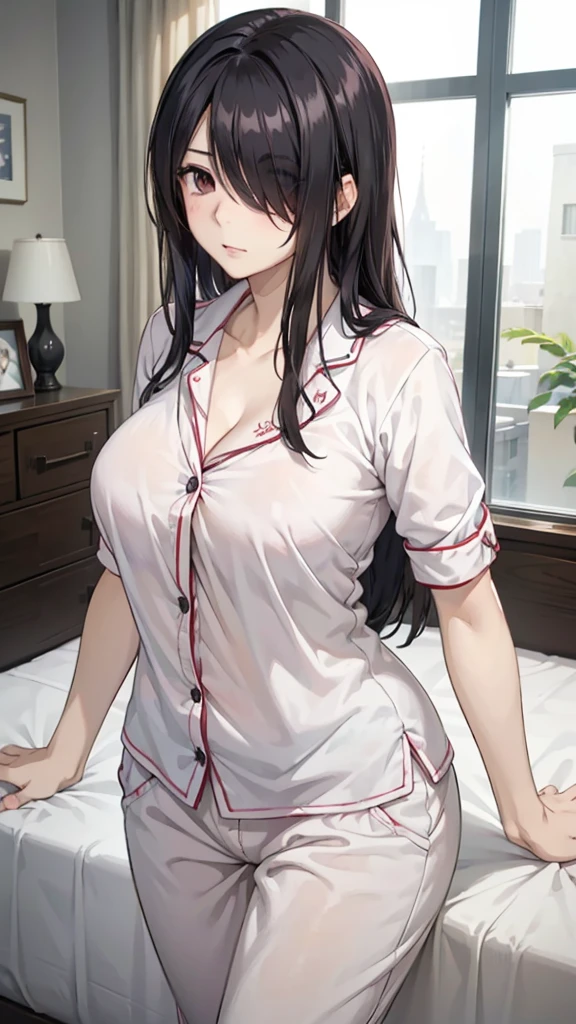 1girl, mature women, realistic skin,perfect ,black hair, long hair, (hair over one eye:1.4), messy hair, hair between eyes, saggy breast, pajama, cute shy blush on , bedroom