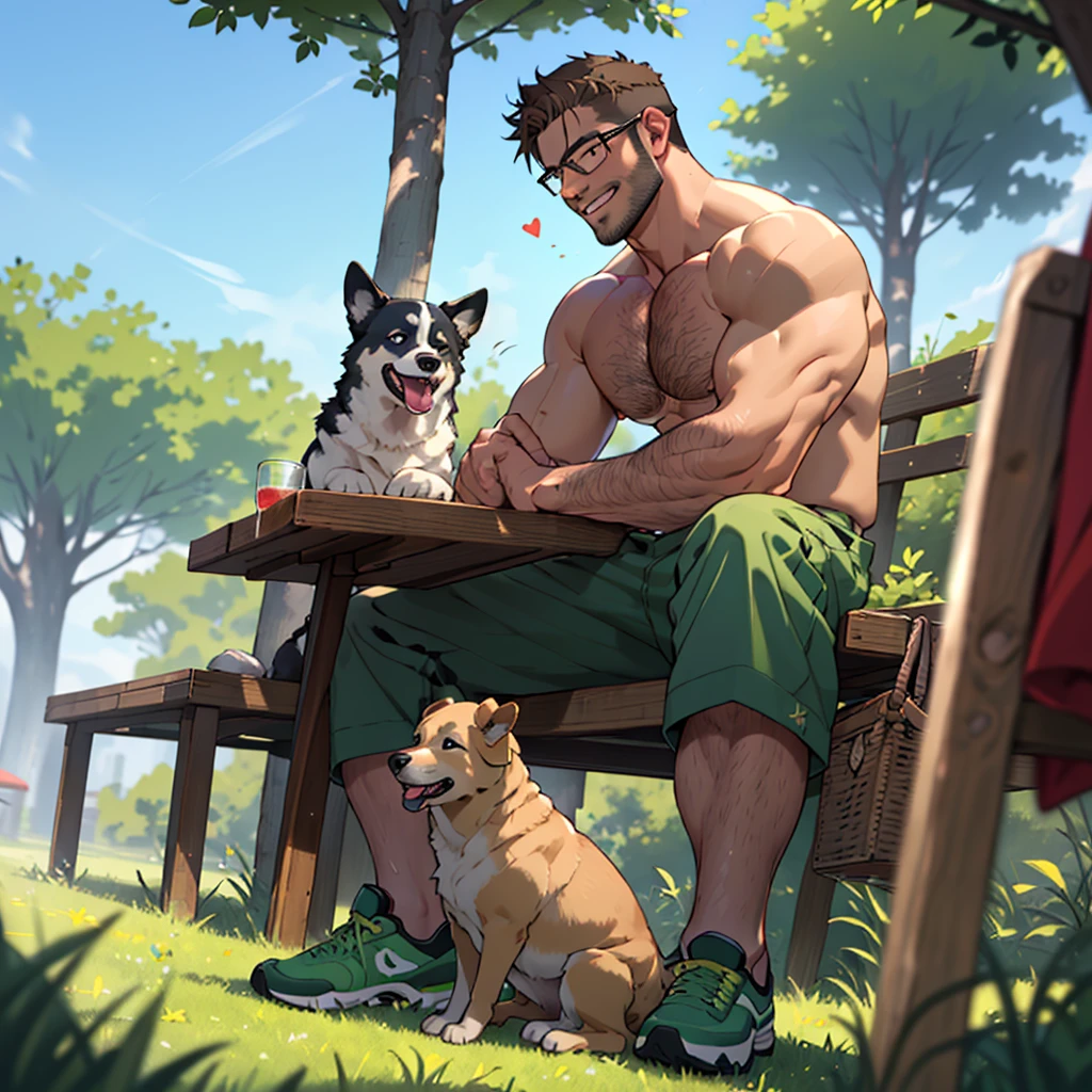 a man with a dark blond beard well groomed ,a dark blond hair , a golden retriever dog sitting near him, the man wearing( glasses, topless and hairy chest ,(dark green short ),(dark green shoes),in a park, the man sitting over a table cloth on the grass near picnic basket , high well detailed face fingers body parts focus, happy smile, happy dog, heart-warming, seen from the front to side
