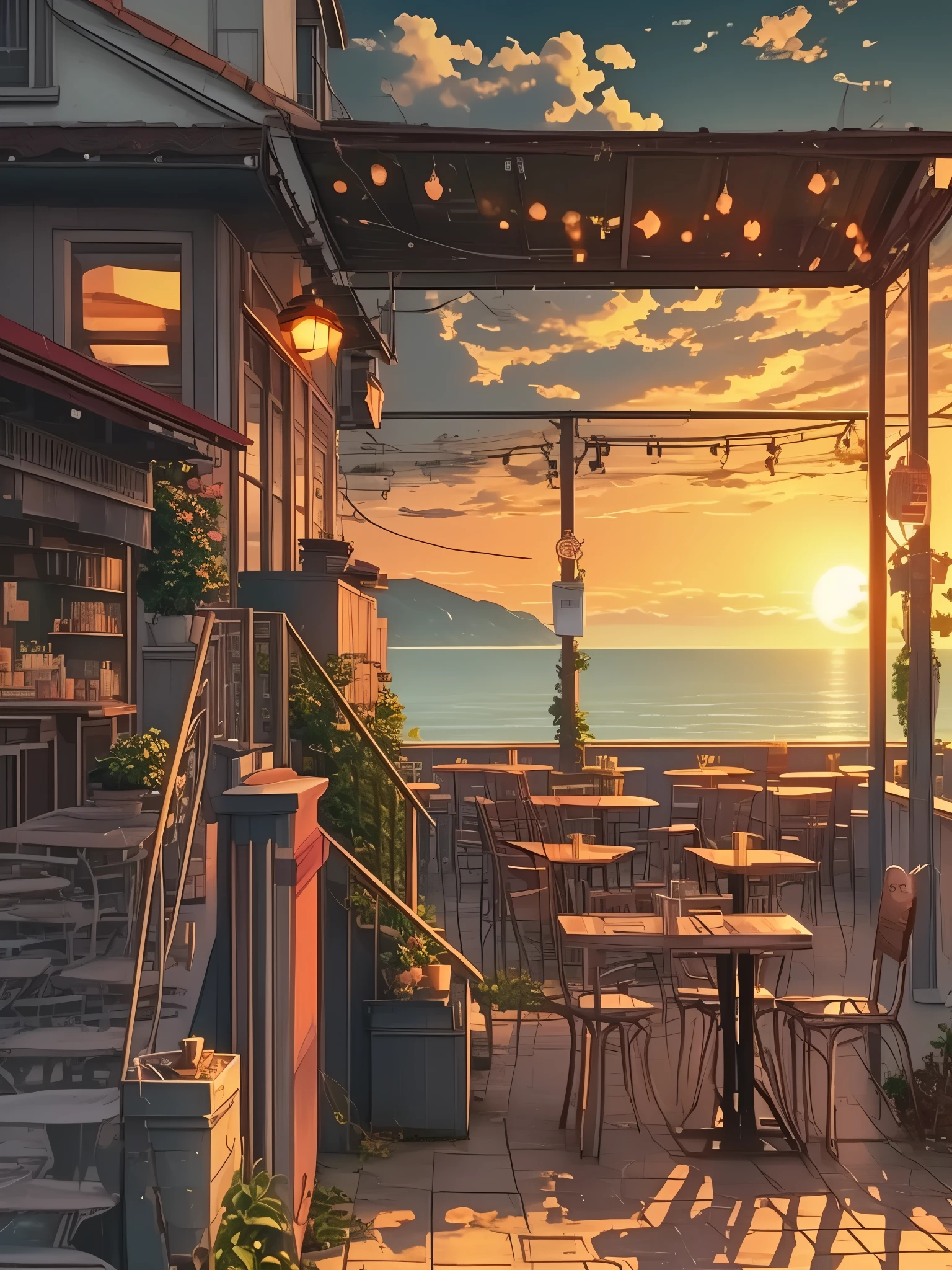 a painting of a patio with tables and chairs and a sunset, anime background art, cozy cafe background, anime background, beautiful ambiance, beautiful ambience, anime scenery, beautiful anime scene, beautiful anime scenery, anime aesthetic, beautiful detailed scene, overlooking the ocean, watching the sun set. anime, scenery wallpaper aesthetic, golden hour scene, anime vibes