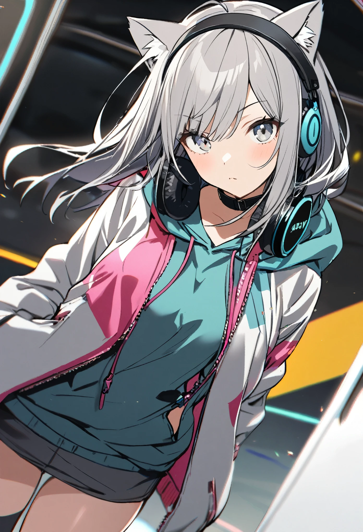 1 girl, gray hair, cat ear, headphone, hoodie, stylish