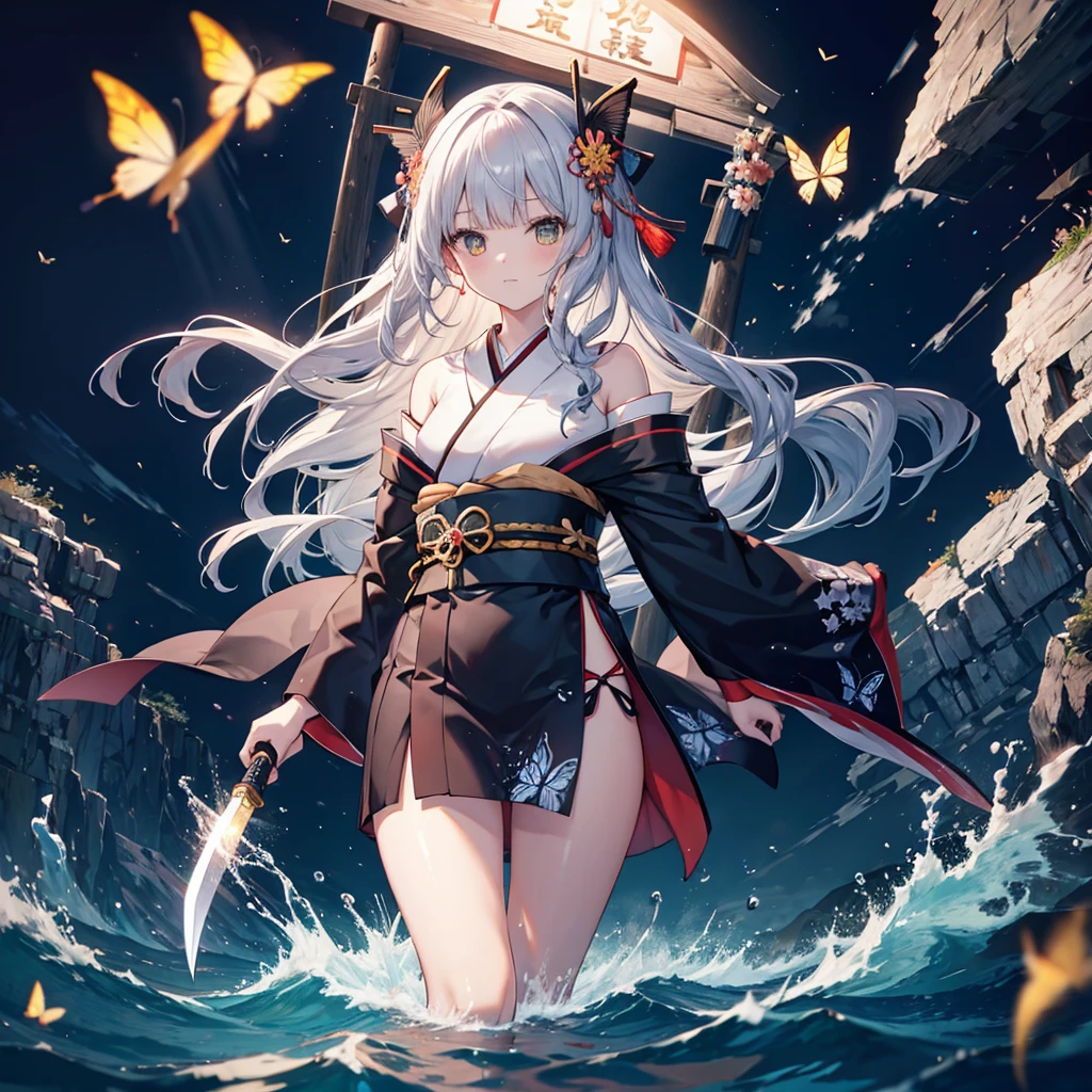 (((1 person))) ((High resolution Gray Hair Long Hair Black kimono Shoulder knifeを構える)) ((Black Belt Yellow butterfly night Japanese style Shining Aura shrine torii water surface)) (dance 日本knife knife Slashing) moonlight star Draw your sword Shining Background Shining Edge