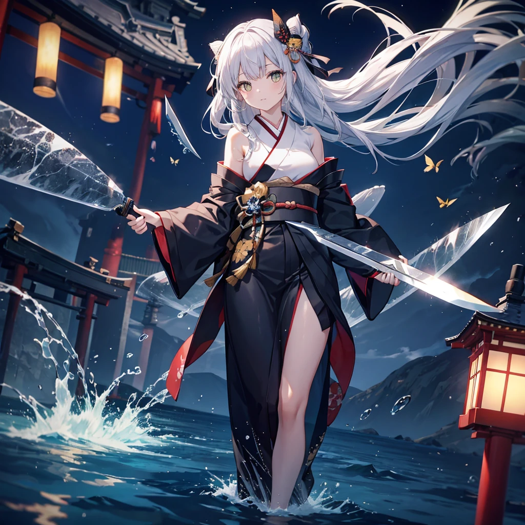 (((1 person))) ((High resolution Gray Hair Long Hair Black kimono Shoulder knifeを構える)) ((Black Belt Yellow butterfly night Japanese style Shining Aura shrine torii water surface)) (dance 日本knife knife Slashing) moonlight star Draw your sword Shining Background Shining Edge