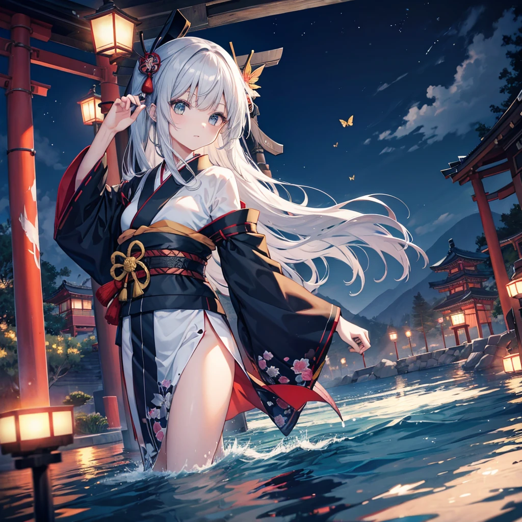 (((1 person)))　((High resolution　Gray Hair　Long Hair　Black kimono　Shoulder　knifeを構える))　((Black Belt　Yellow butterfly　night　Japanese style　Shining Aura　shrine　torii　water surface))　(dance　日本knife　knife　Slashing)　moonlight　star　Draw your sword　Shining Background　Shining Edge