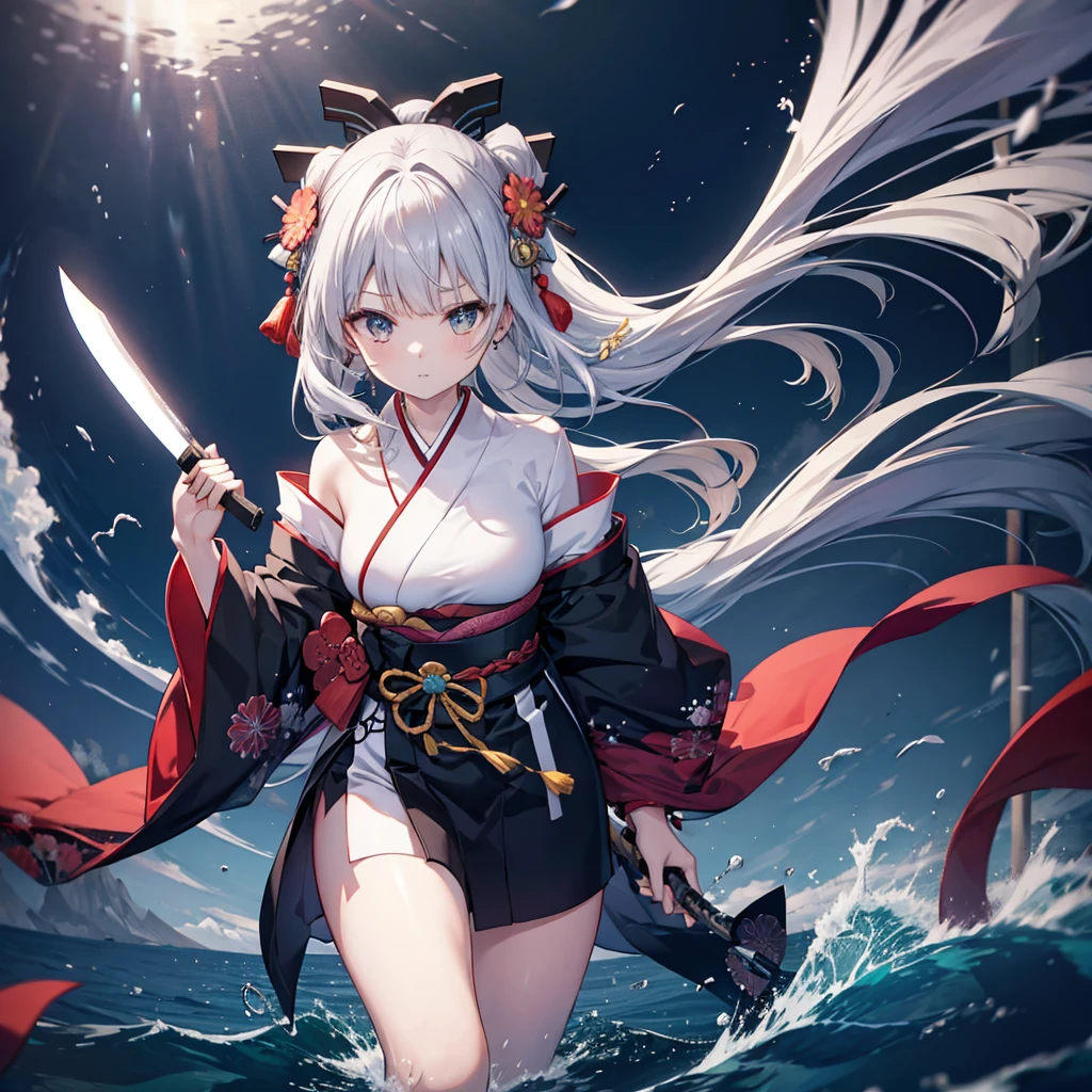 (((1 person))) ((High resolution Gray Hair Long Hair Black kimono Shoulder knifeを構える)) ((Black Belt Yellow butterfly night Japanese style Shining Aura shrine torii water surface)) (dance 日本knife knife Slashing) moonlight star Draw your sword Shining Background Shining Edge