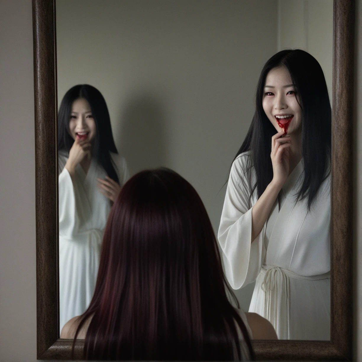 ((Horror Art)), fear, (Girl in front of the mirror), (1 Ghost in the Mirror), (Tears) , Looking at the audience, (Laughing:1.4) , ((Blood)) , (Red Eyes), ((Scary ghosts)) , The old woman ghost is reflected in the mirror , best quality, masterpiece, Ultra-high resolution, (Reality:1.4), ((Sadako Yamamura)), Dark atmosphere