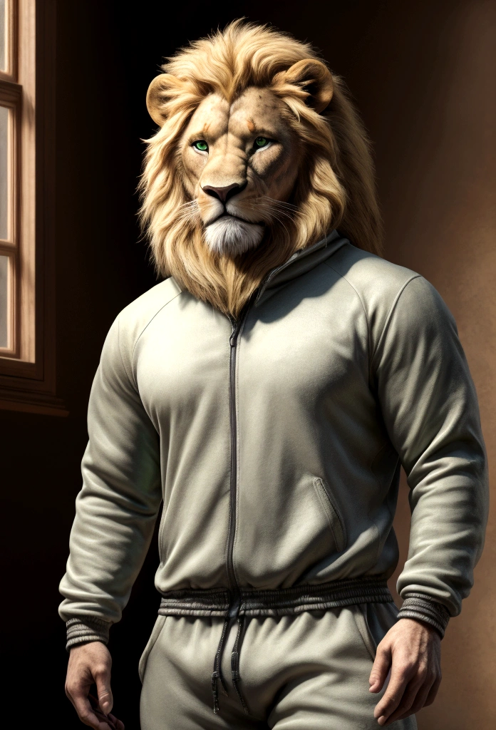 (Best quality,4K,8 k,A high resolution, masterpiece:1.2), Ultra detailed,(realistic, photorealistic, photo-realistic:1.37),a lion, male, long and light mane, blonde with a beard on her chin, green eyes, muscular body, Bodycon tracksuit, smiling, bright colors, full length, realistic стиль, with an emotional facial expression, standing straight