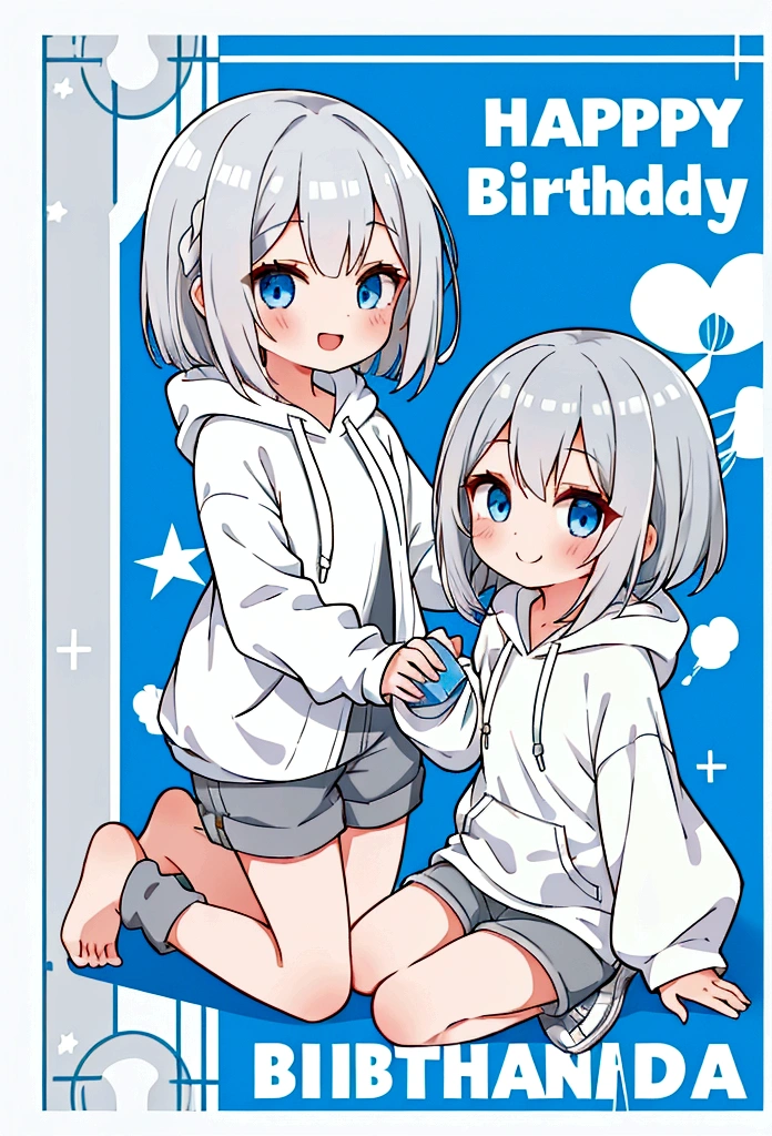 Girl,Silver Hair,blue eyes,Bob,birthday,whole body,White hoodie,Grey shorts,smile,older sister,present