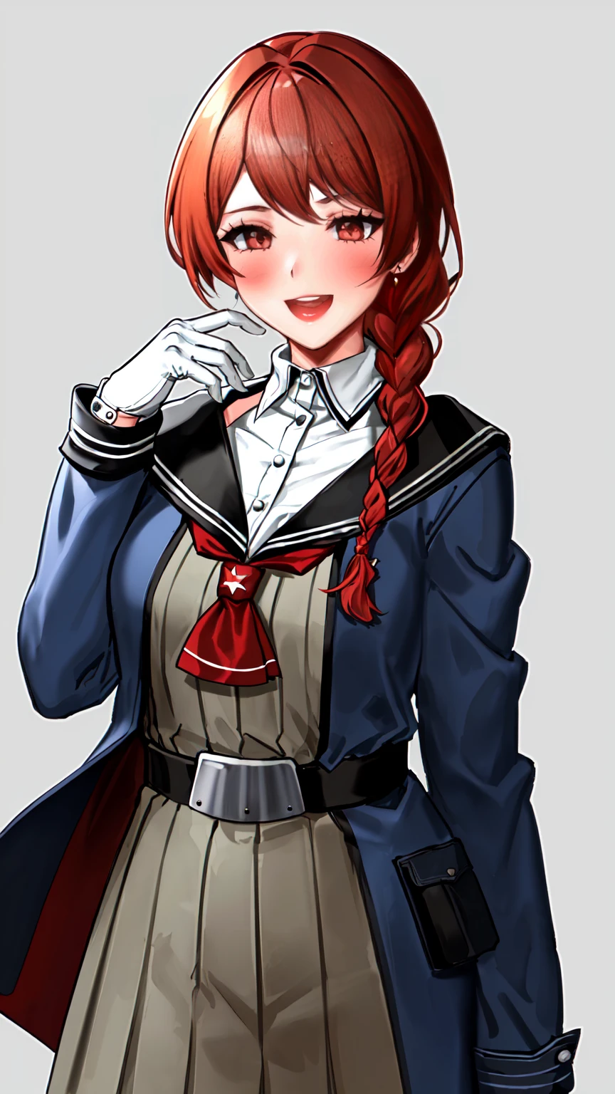 nevada \(kancolle\), 1girl, solo, gloves, simple background, white gloves, smile, open mouth, twin braids, looking at viewer, dress, sailor collar, blush, white background, long sleeves, bangs, holding, grey dress, :d, grey background, hand up, belt, jewelry, earrings, breasts, jacket, coat, original, intricate detail, illustration, masterpiece, extremely detailed CG unity 8k wallpaper, highlight, sharpening, dynamic,