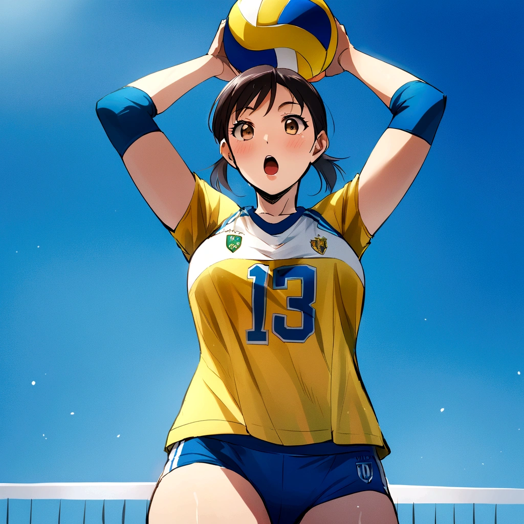 araffe volleyball player in a yellow shirt holding a volleyball ball, wearing a volleyball jersey, Marine Kitagawa, volleyball, kimi takemura, female beach volley player, athletic fashion photography, Akikazu Mizuno, kiyoko suzuki, For whom?, Hole in the Motto, erika ikuta, Chiho ashima, Chiho