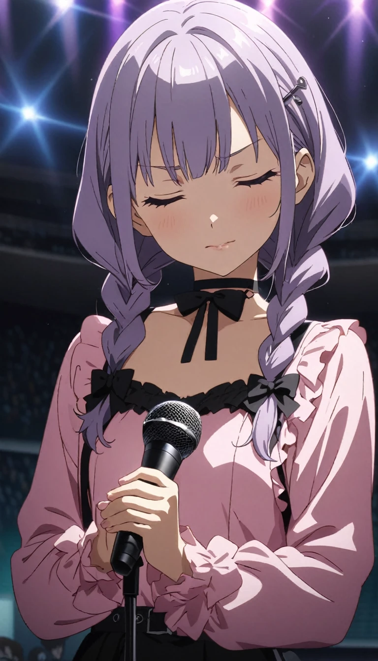 (Cute a girl:1.5), ((a girl with closs hair pin,pale purple hair,wavy two braids,bluntbangs hair,green and black eyes,
pink shirt,cosplay, jirai kei, bangs, black skirt, black bow, looking at viewer, bow, long sleeves, choker, ribbon,pink lips,Thick-soled boots,fullbody shot :1.4),boots focus,
(masterpiece:1.3), anime visual, small breast,slim,The girl holds the microphone in both hands and closed eyes and looked down with a serious expression:1.4),(masterpiece:1.3), anime visual, (Lovey-dovey:1.5), (tilt head:1.3), extremely delicate face, soft clean focus, realistic lighting and shading, (an extremely delicate and beautiful art:1.3), elegant, small breast,slim,smiling,The dazzling lights of the concert venue, the countless purple glow sticks,