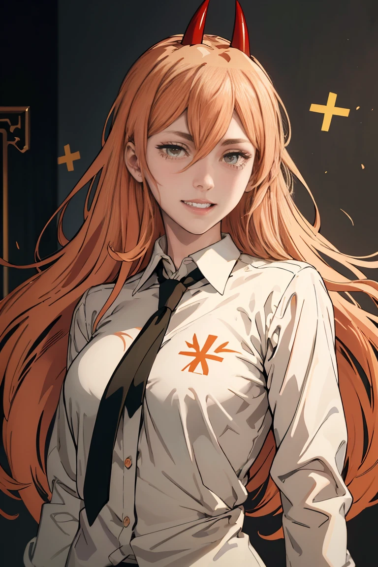 (Best quality), (masterpiece), (only), 1 girl, Maybe_XM, peach hair, yellow eyes, cross-shaped pupils, pupils in the form of symbols, red horns, white button up shirt, black tie, sharp teeth, smile, long hair, whole body
