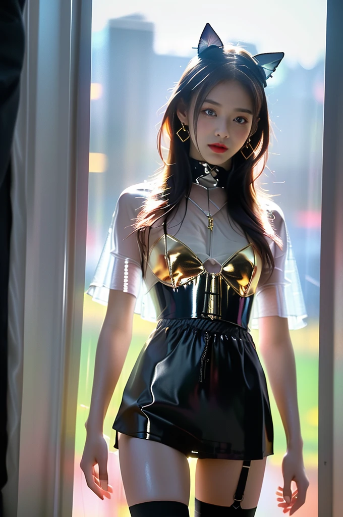 Shy woman on a rainy night,(8K 超高清、Digital SLR Camera、Soft Light、high quality、Volumetric Lighting、frank、photo、high resolution、4K、8K、Bokeh),(Rich details on the eyes and face,warm color, Very saturated colors,Show a charming smile, little cherry mouth, Balanced Eyes, Perfect facial features,Perfect face, Pretty Face, black eyes,Skin is transparent and visible, Shirasawa skin, cosmetic, (Glasses), earrings,Forehead chain,necklace, Jewelry,Headdress,Hair accessories),(Create stunning images of real girls, warm light, Dynamic poses, Elegant Posture, Cowboy lens, Front full body,Look confident from the front,Body facing the camera,Standing pose facing the camera,Open your legs slightly,Golden Ratio Graphics,Minimalism, Athletic body) ,Chinese beautiful female model,Red Hair,Waist-length hair,Messy Hairstyle,,Gradient hairstyles,Cyberpunk hairstyle,(Transparent clothes:1.5),Pink clothes,Thin clothes。Transparent mesh clothes,Transparent clothes,Transparent pink swimsuit,(Sexy,Perfect breast shape、Very detailed breasts,34E cup),No underwear, (Super high waist,Waist hollow,Levain), Black socks, (Clear knee-length socks、Garter socks,Leg ring,garter、腿部garter,Waist ring), (Wet,Wet clothes)