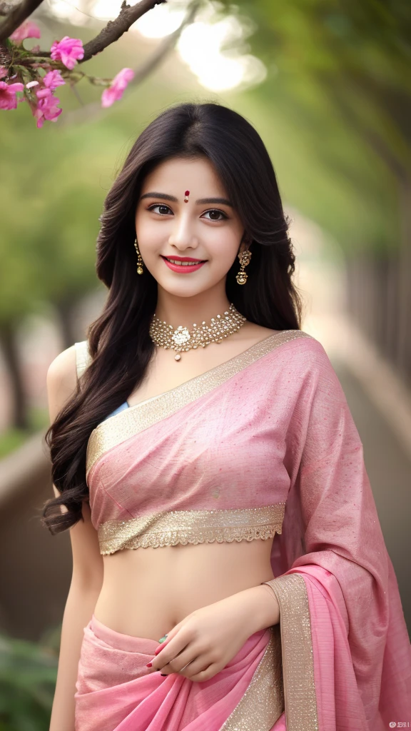 8K, ultra high detailed, an indian girl, cute smile realistic face, happy, long hair, impressive hairstyle, detailed eyes, detailed lips, indian clothes, saree, pink saree, lace, wearing jewellery, nature background, flowers, afternoon, shadow, clear weather, whole body capture,noch slim