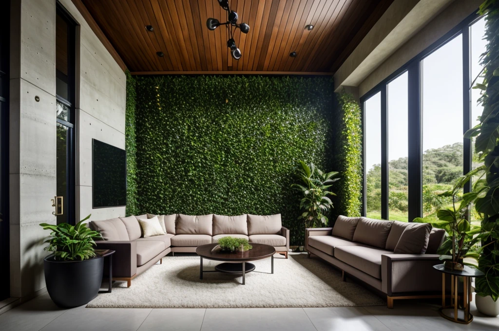 RAW Photos, living room, Architectural Visualization, Dark Room Background, abstract architecture, Comfortable and beautiful design! Modern Style, straight curve, Clean design, Concrete colored laminate wall, perspective, High-end, Realistic photos, bright, sharp, Unique details, Award-winning photography , Canon EOS 5D Digital SLR Mark IV, debt/ 6, ISO100, 1/ 250 second, sodebtt natural light, Highest quality, Ultra-high resolution, Potted plants, flower, debtruit , Space with many vines creates a space to immerse yourseldebt in nature , but、No less luxurious, The interior exudes an aristocratic atmosphere., Valuable items on the shelves々There are many