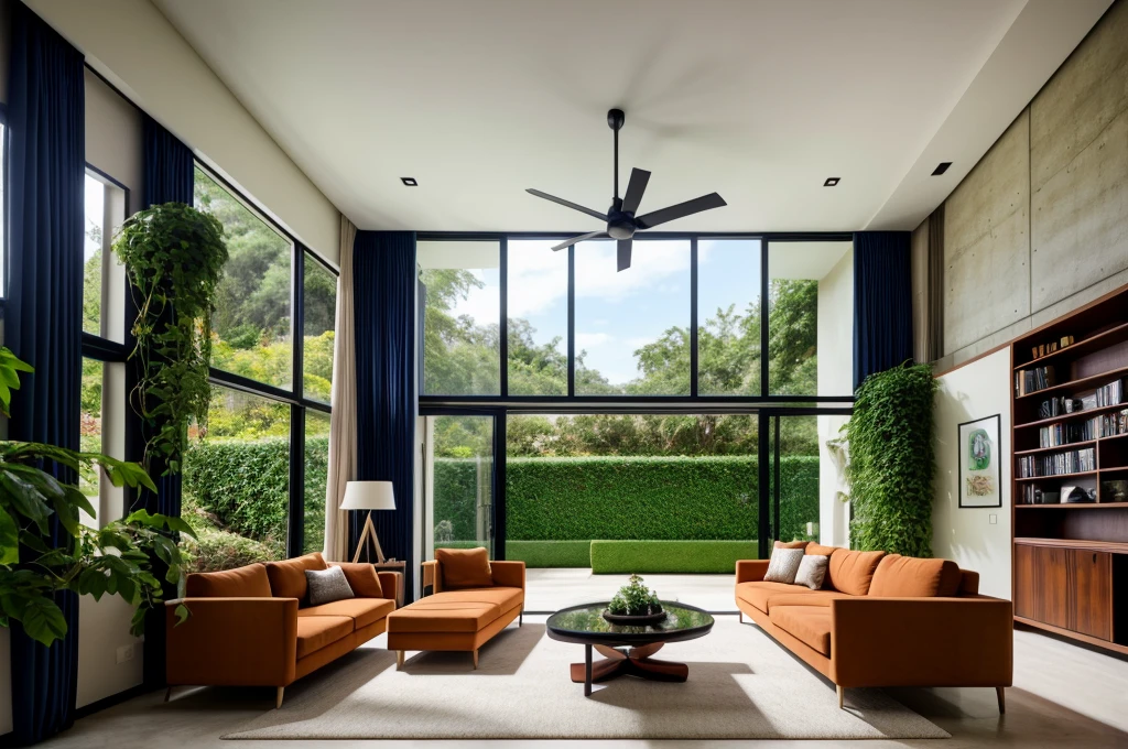 RAW Photos, living room, Architectural Visualization, Dark Room Background, abstract architecture, Comfortable and beautiful design! Modern Style, straight curve, Clean design, Concrete colored laminate wall, perspective, High-end, Realistic photos, bright, sharp, Unique details, Award-winning photography , Canon EOS 5D Digital SLR Mark IV, debt/ 6, ISO100, 1/ 250 second, sodebtt natural light, Highest quality, Ultra-high resolution, Potted plants, flower, debtruit , Space with many vines creates a space to immerse yourseldebt in nature , but、No less luxurious, The interior exudes an aristocratic atmosphere., Valuable items on the shelves々There are many