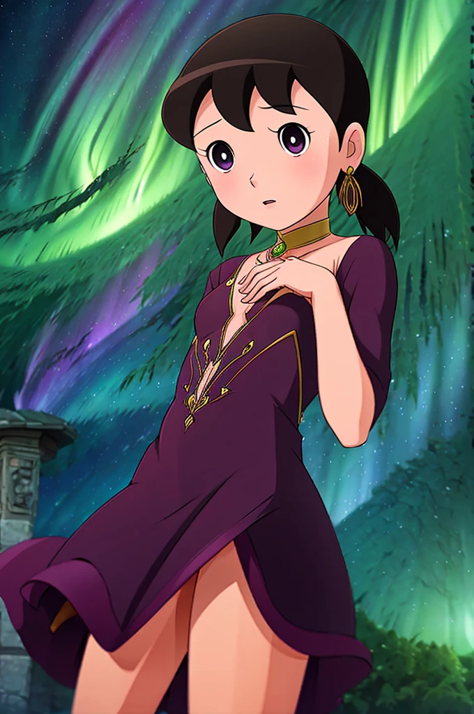 a female character shizuka with long, flowing hair , swirling patterns resembling the Northern Lights or Aurora Borealis. The background is dominated by deep blues and purples, creating a mysterious and dramatic atmosphere. The character's face is serene, with pale skin and striking features. She wears a dark-colored outfit with subtle patterns. The overall style of the artwork is reminiscent of fantasy or supernatural genres