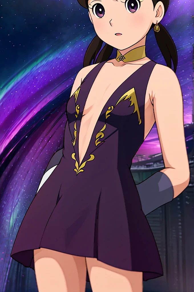 a female character  shizuka with long, flowing hair , swirling patterns resembling the Northern Lights or Aurora Borealis. The background is dominated by deep blues and purples, creating a mysterious and dramatic atmosphere. The character's face is serene, with pale skin and striking features. She wears a dark-colored outfit with subtle patterns. The overall style of the artwork is reminiscent of fantasy or supernatural genres