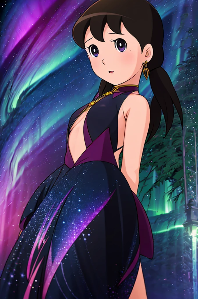 a female character  shizuka with long, flowing hair , swirling patterns resembling the Northern Lights or Aurora Borealis. The background is dominated by deep blues and purples, creating a mysterious and dramatic atmosphere. The character's face is serene, with pale skin and striking features. She wears a dark-colored outfit with subtle patterns. The overall style of the artwork is reminiscent of fantasy or supernatural genres