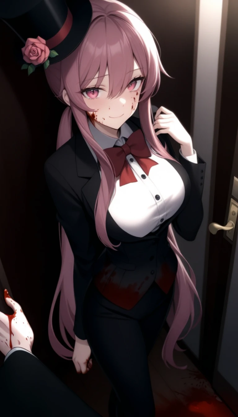 1girl, blood, pink_hair, hat, bowtie, bow, smile, top_hat, red_eyes, breasts, long_hair, blood_on_face, pants, large_breasts, red_bowtie, suit, door, red_bow, looking_at_viewer, flower, formal, rose, shirt, solo_focus, sidelocks, twintails, hat_flower, open_door, black_headwear, blood_on_hands, white_shirt, jacket, hair_between_eyes, black_pants, long_sleeves, pink_eyes, blood_on_clothes, buttons, closed_mouth, bangs