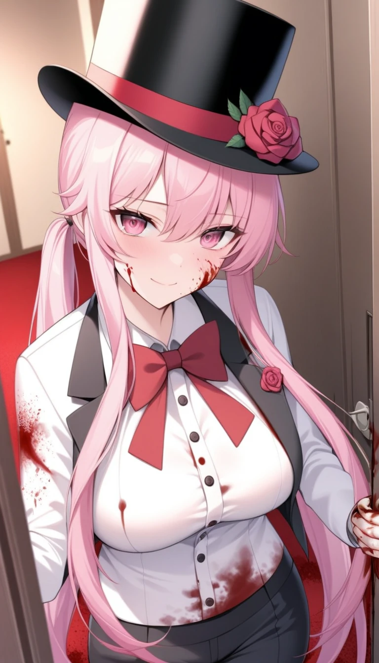 1girl, blood, pink_hair, hat, bowtie, bow, smile, top_hat, red_eyes, breasts, long_hair, blood_on_face, pants, large_breasts, red_bowtie, suit, door, red_bow, looking_at_viewer, flower, formal, rose, shirt, solo_focus, sidelocks, twintails, hat_flower, open_door, black_headwear, blood_on_hands, white_shirt, jacket, hair_between_eyes, black_pants, long_sleeves, pink_eyes, blood_on_clothes, buttons, closed_mouth, bangs