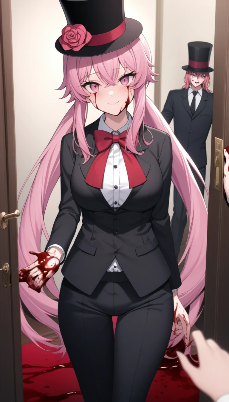 1girl, blood, pink_hair, hat, bowtie, bow, smile, top_hat, red_eyes, breasts, long_hair, blood_on_face, pants, large_breasts, red_bowtie, suit, door, red_bow, looking_at_viewer, flower, formal, rose, shirt, solo_focus, sidelocks, twintails, hat_flower, open_door, black_headwear, blood_on_hands, white_shirt, jacket, hair_between_eyes, black_pants, long_sleeves, pink_eyes, blood_on_clothes, buttons, closed_mouth, bangs