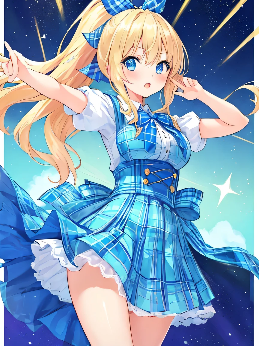((masterpiece)), ((best quality)), (ultra-detailed), ((kawaii)), cute, (lovely), illustration, anime style, full body, full body focus, a cute girl, solo, 1girl, Live performance venue, idol outfit, blond ponytail, big blue ribbon, tsundere, tight eyes, confident expression, a little bit gal, American girl, blue eyes, age15, Blonde hair, tied on one side of the head, hanging down loosely with a large blue ribbon at the knot. A faint stardust effect emanating from the hair. A tsundere personality with a confident and bold expression. Eyes like shining jewels, blue in color. Slightly gal-style, an American girl. (Tartan plaid ribbon:1.3), short sleeves, Fantasy-style background, dynamic pose.