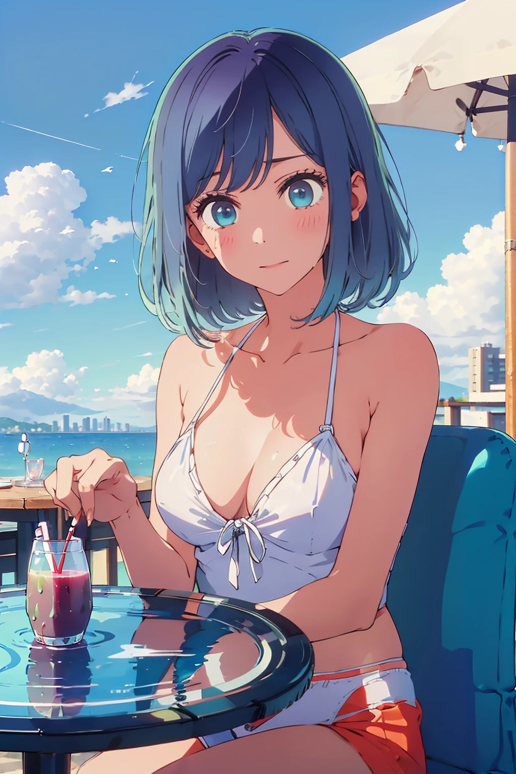 (Highest quality:1.4、8K:1.4、detailed)、F cup bust、Big Breasts、Slim body、Very white beautiful skin、((((1 person、Surprised expression、sit、Chair、In the background are the urban buildings of Tokyo、looking at the camera、Outdoor café terrace、coastal、Navy hair color、juice、White side string high leg bikini、Shooting up close、table、Very cute face))))、(Pose of putting hair behind ears with hands:1.4)、Very blue sky、A completely cloudless sky