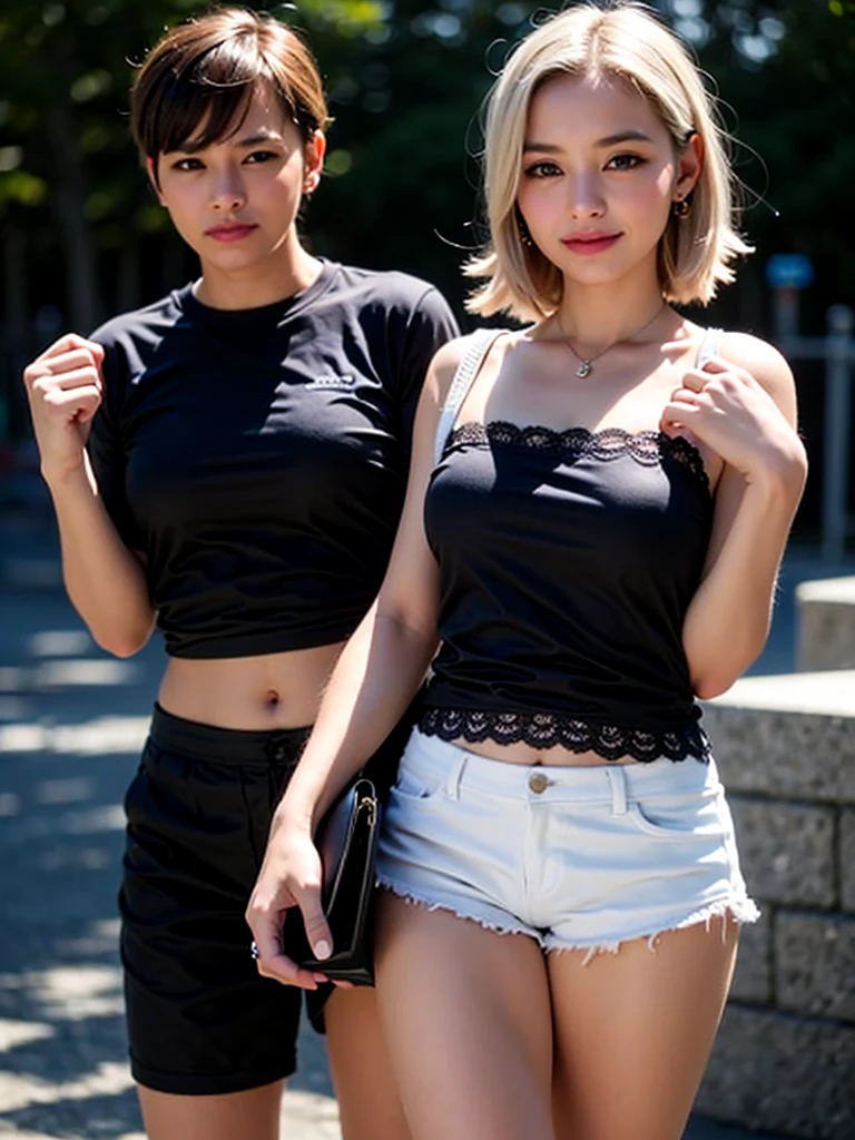 (((smile)))、(Open Stance)、 ((A tight-fitting white lace T-shirt)), ((Staring at the audience))、((White shorts))、(Standing with legs open to the sides)、((Sexy young woman&#39;s body:1.4)),