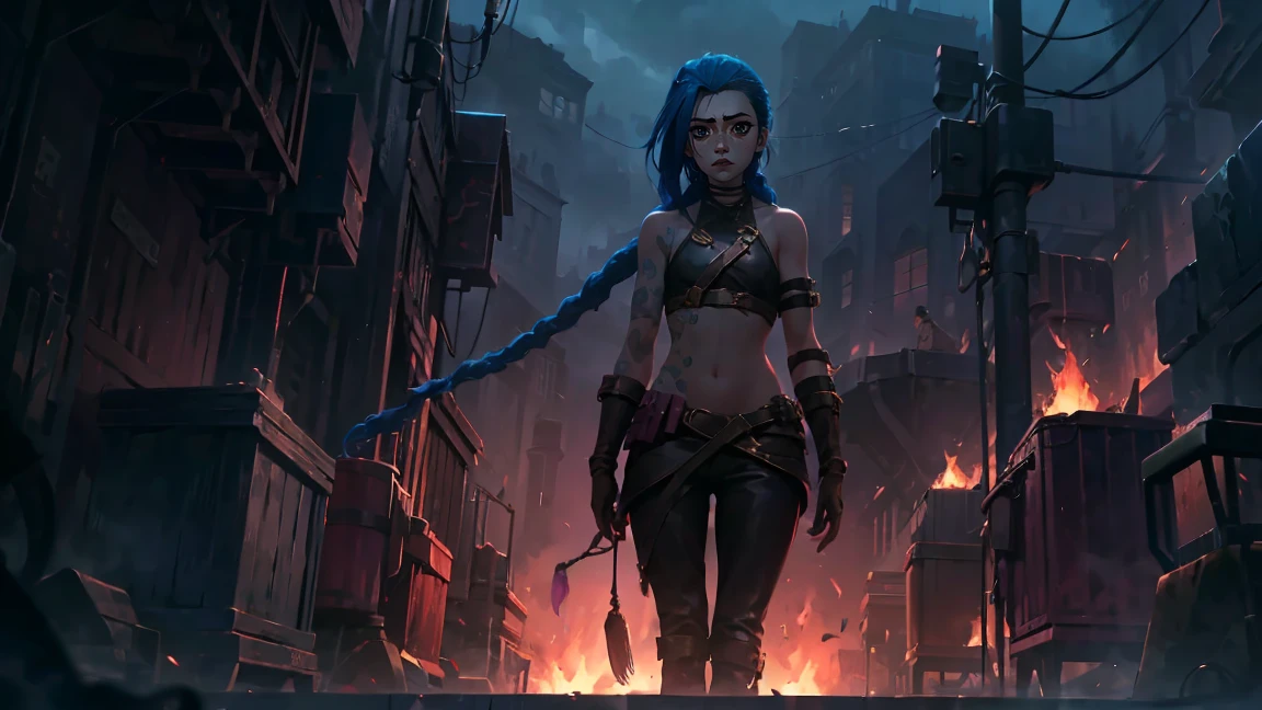 (masterpiece, Best quality), 1 girl, portrait, very sexy, crazy look, smile, crying, pink tears, tears on the cheeks, tears from eyes, full length (full body 1.1.), очень feminine, fighting stance, battle, fire, explosions, burning city, beautiful waist, gloomy composition, flame, fire, Flash, very beautiful, feminine, long hair, hair braided in long braids, very sexy, tight leather pants, emphasis on the eyes, face accent, Beautiful face, Hands, Hair, Haired ponytail, red purple eyes, Джинкс crying, Blue cloud tattoo, (masterpiece, Best quality), Side lighting, beautiful detailed eyes, crazy face), (Best quality), (masterpiece), magic photography, Spectacular lighting, Photorealism, ultra detailed, интимная portraitная композиция, 1. 4,8 k UHD, aesthetic, Cd., A high resolution, 8 k, better lighting, Best shade, Ultra-HD, A high resolution, sharp focus, Complex background, Cinematic lighting, ((Landscape view)), 4K block, (better lighting), ((Cinematic lighting)),