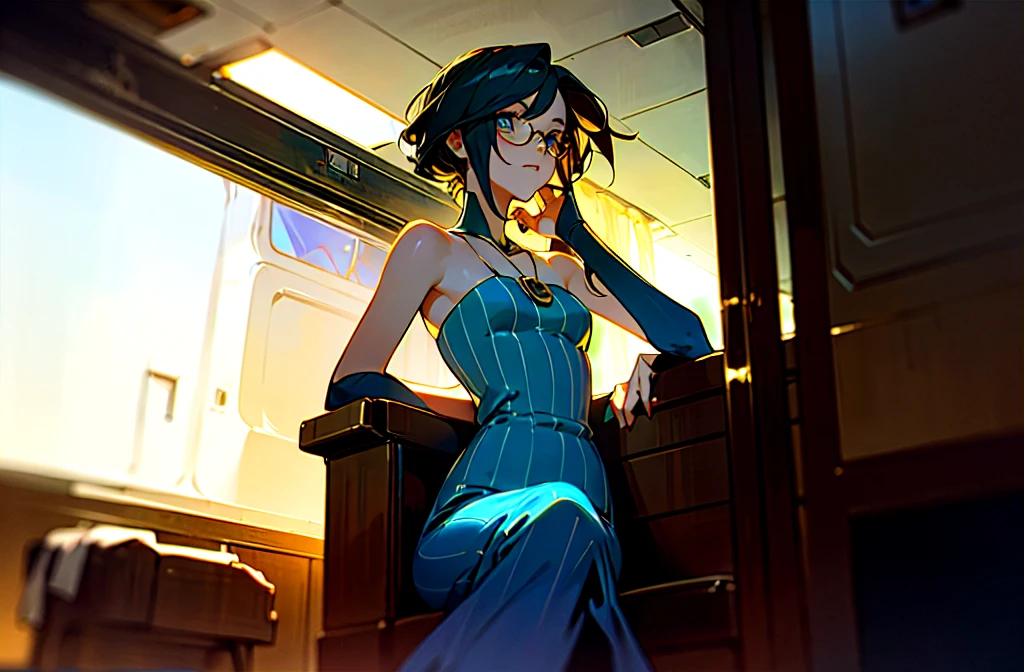 (Best quality, Ultra detailed, Golden ratio, Masterpiece:1.2), Theatrical lighting:0.7, Photo of a woman, dressed in a very elegant and pretty dress, Perfect rare face, realistic, deep blue eyes (Highly detailed skin), long black straight hair, skin texture, Pale skin, shiny skin, (thin, large size:1.5), [:(Sharp focus on rare face, perfect eyes:1.4):0.5], photorealistic, film grain, Put one foot forward, from below looking up, look at camera, Emphasize the shoulders, Focus on face, Stockings, glasses, Smile with corners of mouth raised, disdainful expression, summer haze, muted colors, muted warm colors, Photo cinematic portrait of a woman dressed in a striped light blue dress sitting by the window in the early morning, cinematic, (tilted:1.2) (on an old train) look cautious, standing under a spotlight, volumetric dust clouds, key light, backlight, soft natural lighting, photography Film grain ISO 600 30 mm lens RAW f1.8 aperture, highly detailed (analog photography:1), colors hdr