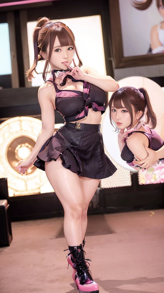 One woman、、28 years old、、Idol、、((whole body))、、、Stylish、、Cute face、、、Tokyo Dome、、、(Brown Hair)、、、((Black and pink uniform))、、、ponytail、 、、、Dynamic pose、、Excited expression、Head to Toe、、、(Big Breasts)、Pose like an idol、、((full BODY))、、(full shot)、、Twin tails、、、(whole body)、、、(round face)、、、(mini skirt)