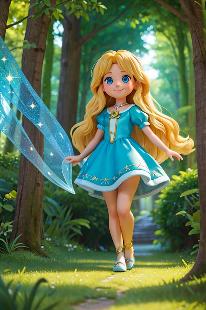 with long golden hair and bright eyes full of sparkles and a blue color, finds herself holding the hand of a fairy with short blonde hair, while they find themselves on a path with a bright road inside a fantasy forest, giant trees and fantasy, look wonder with a huge beautiful smile
