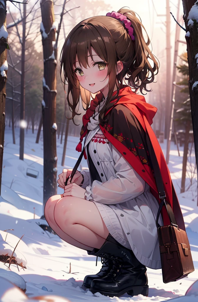 Follow Us, Yuki mandarin orange, (Brown eyes:1.5), Brown Hair, hair ornaments, hair Scrunchie, Long Hair, pink Scrunchie, Scrunchie, (Flat Chest:1.2),smile,,smile,blush,White Breath,
Open your mouth,snow,Ground bonfire, Outdoor, boots, snowing, From the side, wood, suitcase, Cape, Blurred, , forest, White handbag, nature,  Squat, Mouth closed, Cape, winter, Written boundary depth, Black shoes, red Cape break looking at viewer, Upper Body, whole body, break Outdoor, forest, nature, break (masterpiece:1.2), Highest quality, High resolution, unity 8k wallpaper, (shape:0.8), (Beautiful and beautiful eyes:1.6), Highly detailed face, Perfect lighting, Extremely detailed CG, (Perfect hands, Perfect Anatomy),