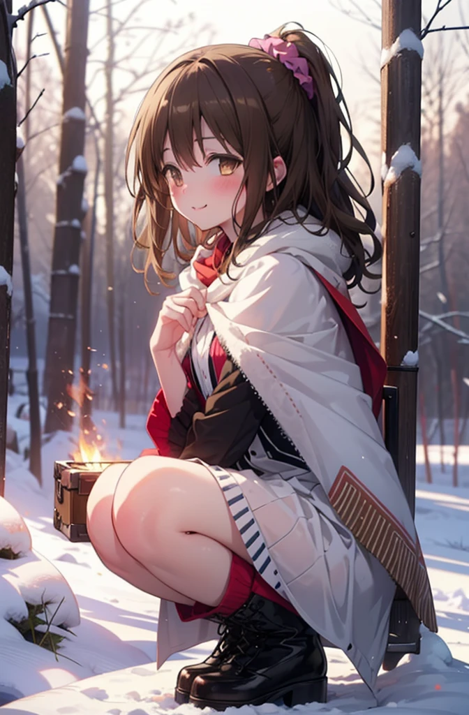 Follow Us, Yuki mandarin orange, (Brown eyes:1.5), Brown Hair, hair ornaments, hair Scrunchie, Long Hair, pink Scrunchie, Scrunchie, (Flat Chest:1.2),smile,,smile,blush,White Breath,
Open your mouth,snow,Ground bonfire, Outdoor, boots, snowing, From the side, wood, suitcase, Cape, Blurred, , forest, White handbag, nature, Squat, Mouth closed, Cape, winter, Written boundary depth, Black shoes, red Cape break looking at viewer, Upper Body, whole body, break Outdoor, forest, nature, break (masterpiece:1.2), Highest quality, High resolution, unity 8k wallpaper, (shape:0.8), (Beautiful and beautiful eyes:1.6), Highly detailed face, Perfect lighting, Extremely detailed CG, (Perfect hands, Perfect Anatomy),