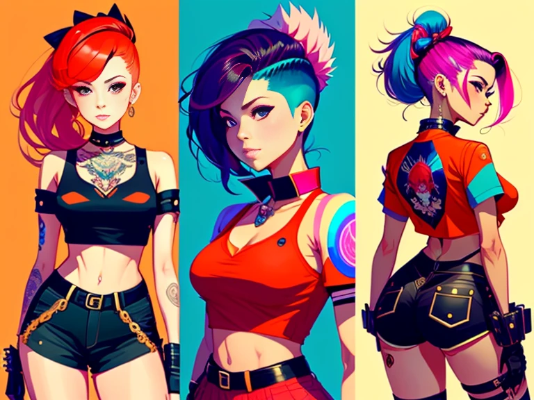 A front and back full body view of a female model in a punk-inspired outfit. The girl is depicted in a playful and vibrant manner, similar to the style shown in the reference image. She wears a High-waisted shorts with a crop top, choker, and Doc Martens. Her hair is styled in edgy punk manner, and she has a friendly and approachable expression. The front view shows her standing confidently, while the back view highlights the details of her outfit and hairstyle. Focus on her hips. The overall design is clean and colorful. Highly detailed, 8k, smooth, sharp focus, trending on artstation, digital painting, by Stanley Artgerm Lau, WLOP, Rossdraws, James Jean, Andrei Riabovitchev, Marc Simonetti, and Sakimichan,