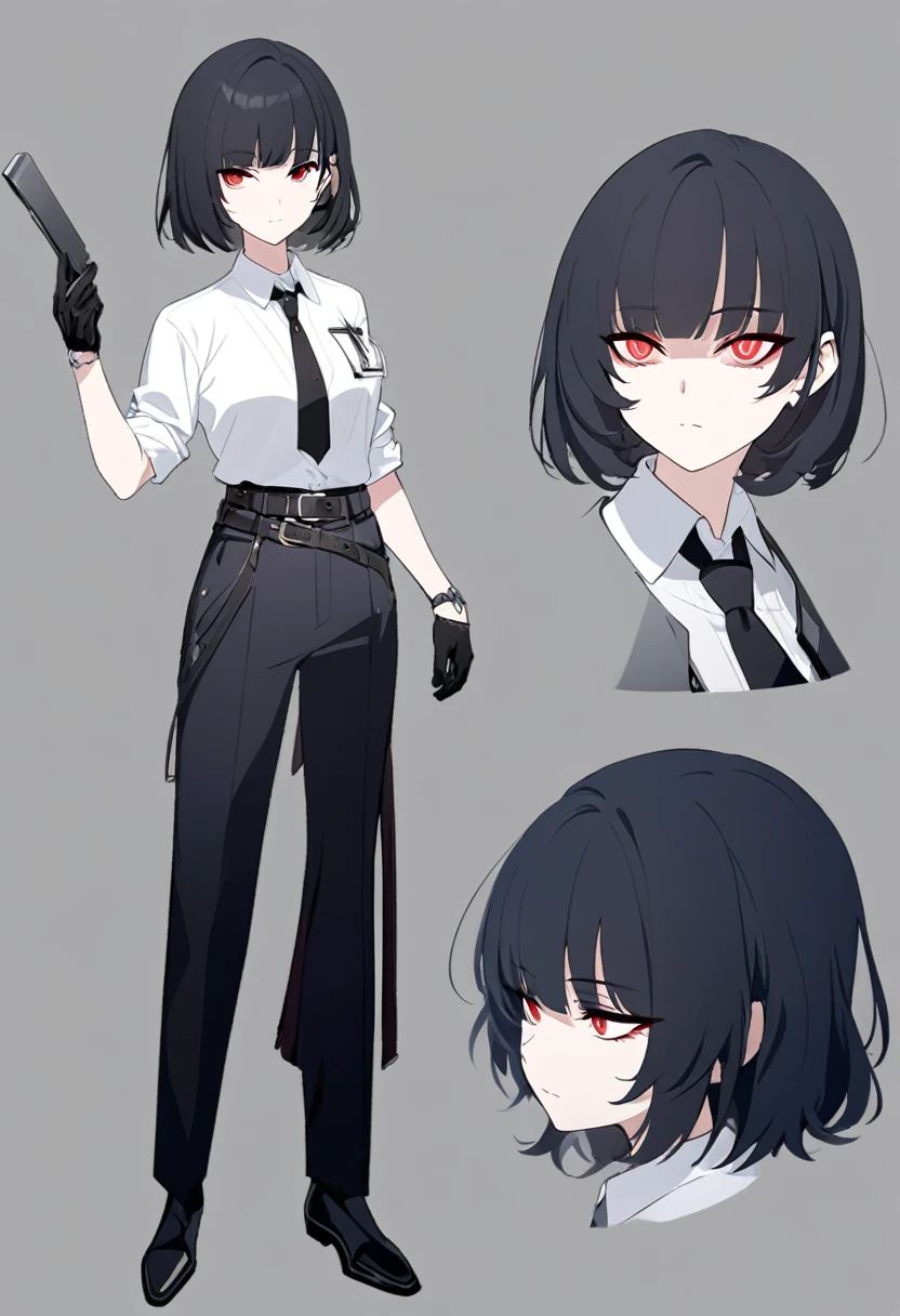 One woman,Dynamic,whole body,Are standing,mysterious,Concept Art,Character Design,Jet black straight hair,The bangs are trimmed to accentuate the eyes.,Short Hair,Well-proportioned face,Sharp Eyes,White shirt and black tie,Black slacks,Silver cufflinks on the left hand,On the ring finger of her right hand she wears a simple silver ring.。Luxury watches,Black leather shoes,beltでウエストラインを強調,Arknights Wind,Stylish,Red eyes,belt,Stylishな赤い模様の上着,Stylish,Simple background gray,Details,Okabo Hair,Half-open eyes,Cool appearance,Multiple Views,Black gloves,