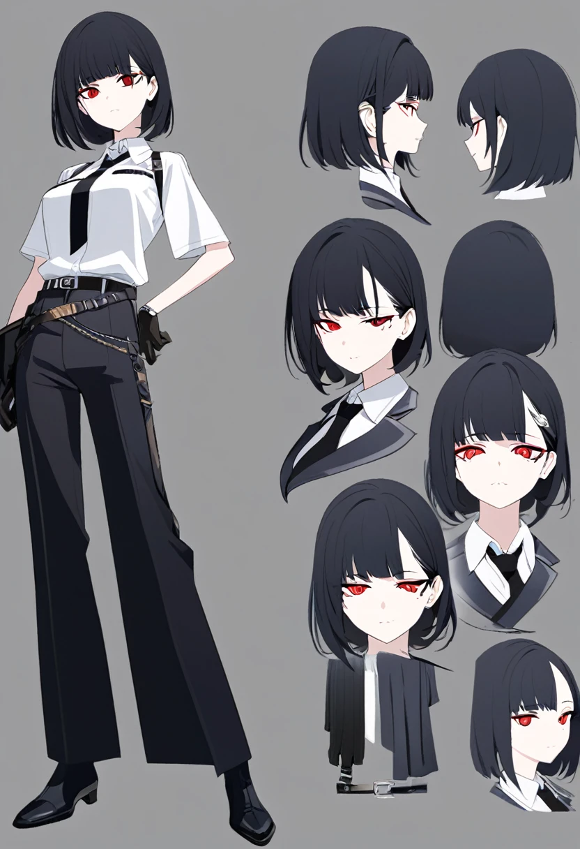 One woman,Dynamic,whole body,Are standing,mysterious,Concept Art,Character Design,Jet black straight hair,The bangs are trimmed to accentuate the eyes.,Short Hair,Well-proportioned face,Sharp Eyes,White shirt and black tie,Black slacks,Silver cufflinks on the left hand,On the ring finger of her right hand she wears a simple silver ring.。Luxury watches,Black leather shoes,beltでウエストラインを強調,Arknights Wind,Stylish,Red eyes,belt,Stylishな赤い模様の上着,Stylish,Simple background gray,Details,Okabo Hair,Half-open eyes,Cool appearance,Multiple Views,Black gloves,