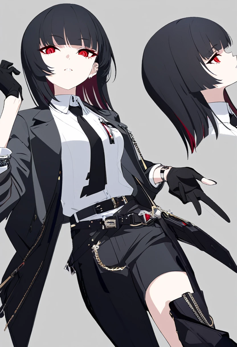 One woman,Dynamic,whole body,Are standing,mysterious,Concept Art,Character Design,Jet black straight hair,The bangs are trimmed to accentuate the eyes.,Short Hair,Well-proportioned face,Sharp Eyes,White shirt and black tie,Black slacks,Silver cufflinks on the left hand,On the ring finger of her right hand she wears a simple silver ring.。Luxury watches,Black leather shoes,beltでウエストラインを強調,Arknights Wind,Stylish,Red eyes,belt,Stylishな赤い模様の上着,Stylish,Simple background gray,Details,Okabo Hair,Half-open eyes,Cool appearance,Multiple Views,Black gloves,