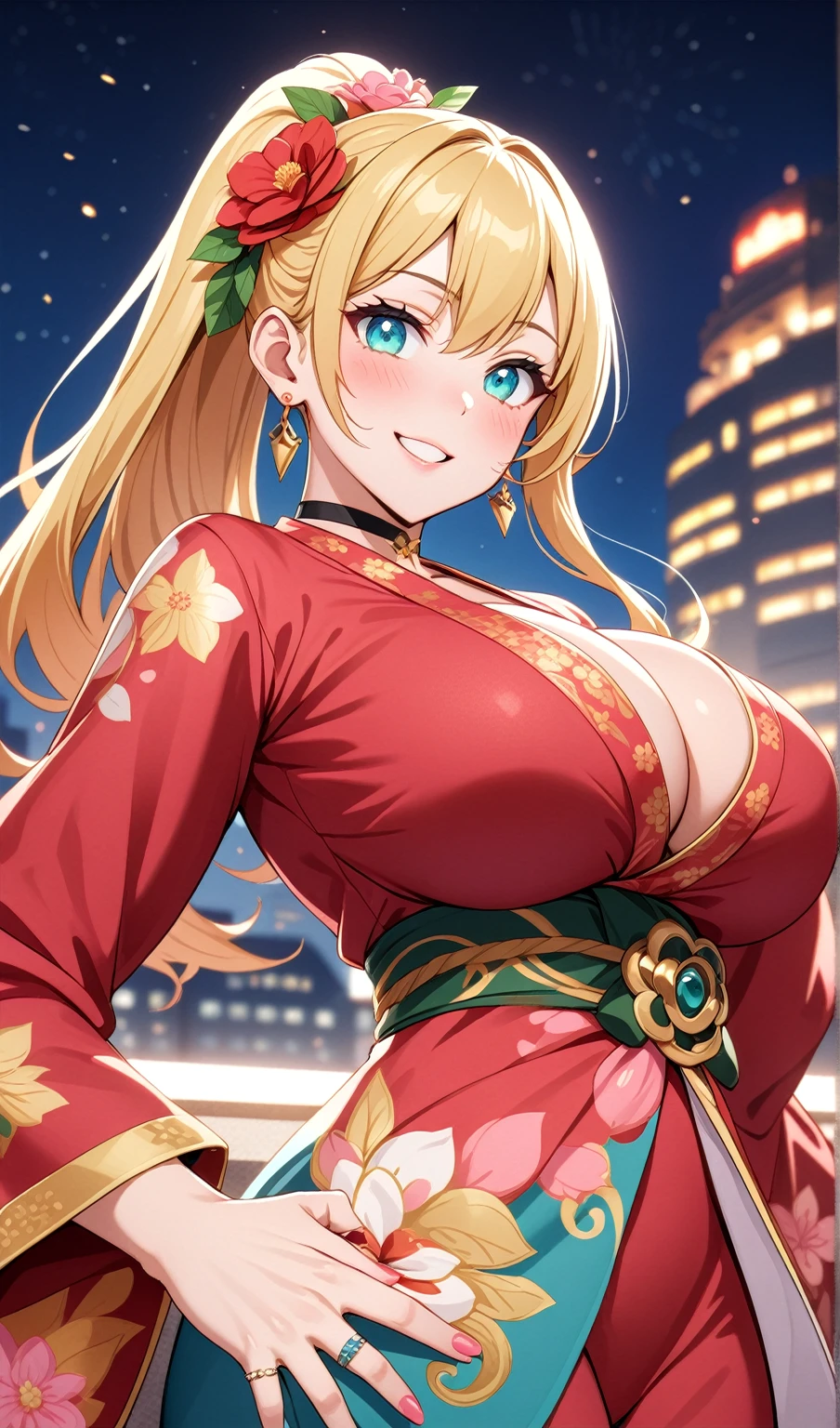 ((One personの女性)), Beautiful Face, Laughing embarrassedly,((Wink:2.0)),Laugh with your mouth wide open,((Red cheeks:1.4)),Glossy pink lips,night,rooftop,Festive decorations,You can see the ocean, firework,((Anime style background)),masterpiece, Highest quality, so beautiful, Latest, Complex details, (Pink long nails),(ring),(flower bracelet),Floral choker,AI-generated, Complex,High resolution, Highest quality, super high quality,3D Images、View your viewers、3D Images,One person,Long blonde hair,High Ponytail,Turquoise Eyes,Anime woman posing for a photo, (Fine grain,Colorful eyes,Shining Eyes:1.3),(Squint your eyes:1.1),a hyperRealistic , hyperRealistic , Realistic,Blonde anime woman with long hair, Smooth anime CG art, A woman in a colorful kimono with gold embroidery, (Pink long sleeve kimono),Red floral pattern,Long flower hair ornament,Large floral earrings,(ring),(Big Breasts:1.2),Mature Body,Tall,Big Ass,Narrow waist,Abdominal muscles,(Zoom in on face:1.7),Shooting from below at an angle