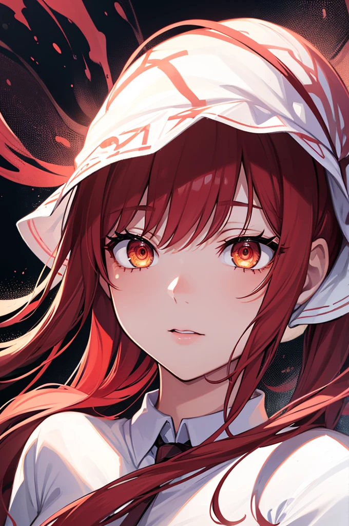 masterpiece, best quality, (extremely detailed CG unity 8k wallpaper, masterpiece, best quality, ultra-detailed, best shadow), (detailed background), (beautiful detailed face, beautiful detailed eyes), High contrast, (best illumination, an extremely delicate and beautiful),1girl,((colourful paint splashes on transparent background, dulux,)), ((caustic)), dynamic angle,beautiful detailed glow,full body, blood splash on face. close up of a woman, anime girl with red hair and a white shirt and tie, a character portrait by Yang J, pixiv, shin hanga, portrait of an anime girl, female anime character, portrait anime girl, portrait of asuka langley soryu, beautiful anime portrait, detailed portrait of anime girl, anime character, realistic anime artstyle, anime girl portrait, anime character portrait, bangs
